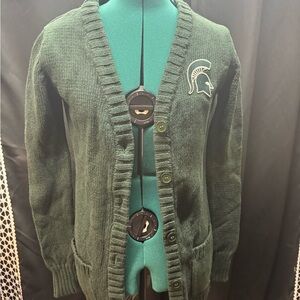 Forest Green V-Neck Knit Cardigan with Spartan Patch